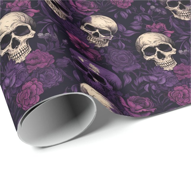 Purple Floral Goth Skull Halloween Wrapping Paper (Roll Corner)