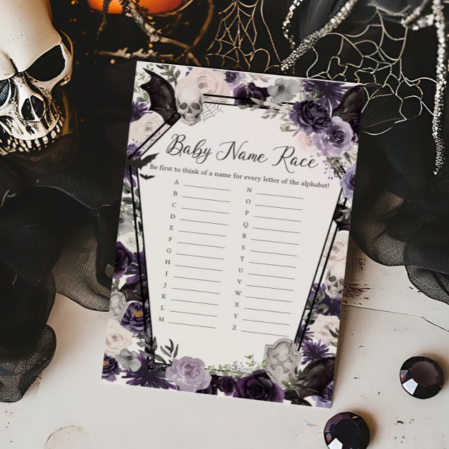 Purple Floral Gothic Baby Name Race Game (Floral Gothic Coffin Baby Shower Baby Name Race Game)