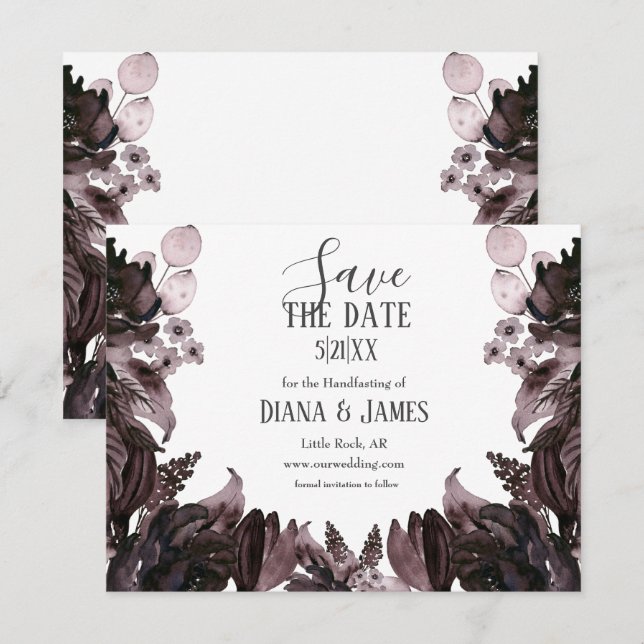 Purple Floral Gothic Boho Pagan Handfasting Save The Date (Front/Back)