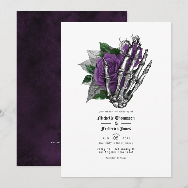 Purple Floral Gothic Wedding QR Code Invitation (Front/Back)