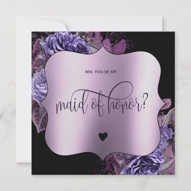 Purple Floral Gothic will you be my maid of honour Invitation (Front)