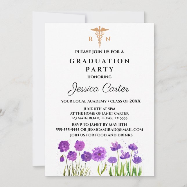 Purple Floral Graduation Nurse Typography Invitation (Front)
