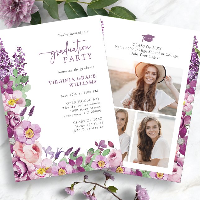 Purple Floral Graduation Party Invitation (Elegant Purple Floral Graduation Party Invitation Photo Collage by Painted Paperie
)