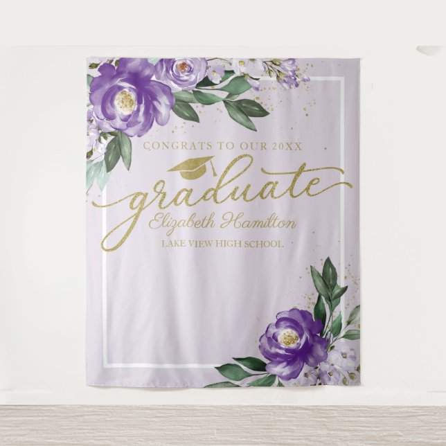 Purple Floral Graduation Party Photo Backdrop Tapestry (Front)