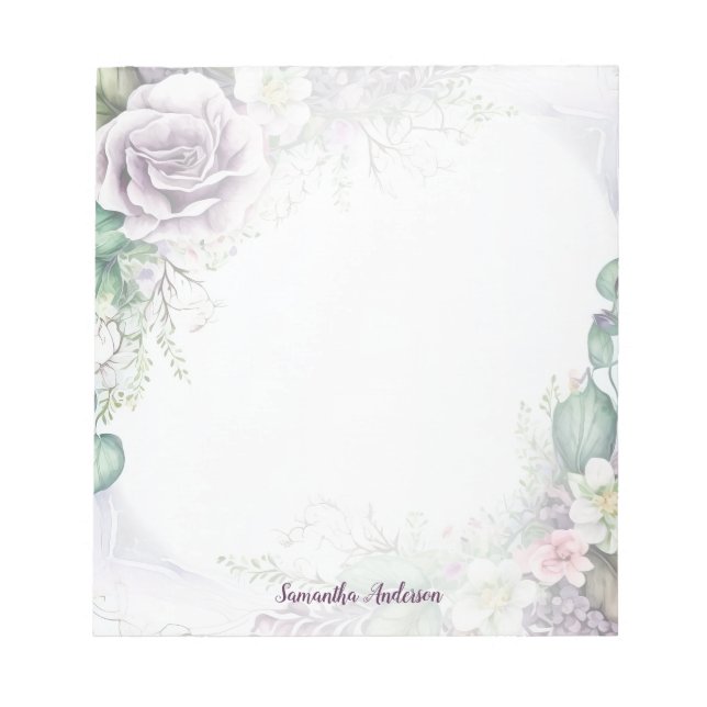 Purple Floral Green Foliage Watercolor Elegant Notepad (Front)