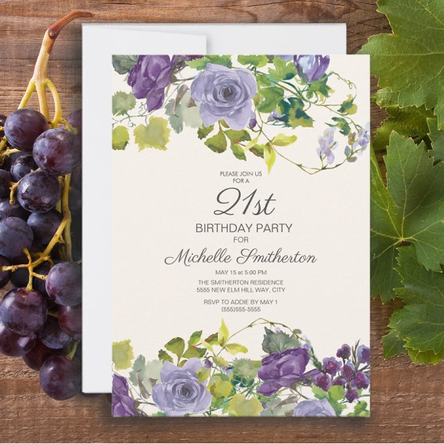 Purple Floral Green Leaves 21st Birthday Invitation (Purple floral and vines 21st birthday party invitation)
