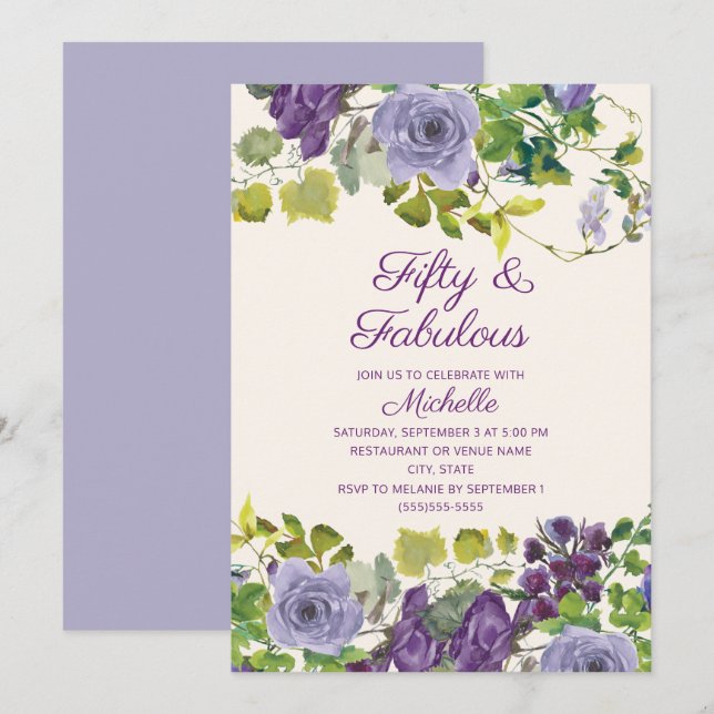 Purple Floral Green Leaves 50 Fabulous Birthday  Invitation (Front/Back)