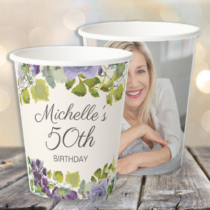 Purple Floral Green Leaves 50th Birthday Photo  Paper Cups