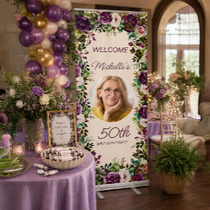 Purple Floral Green Leaves 50th Birthday Photo Retractable Banner