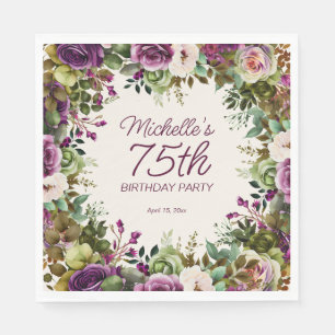 Purple Floral Green Leaves 75th Birthday Napkin
