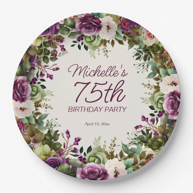Purple Floral Green Leaves 75th Birthday Paper Plate (Front)