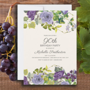 Purple Floral Green Leaves 90th Birthday Invitation