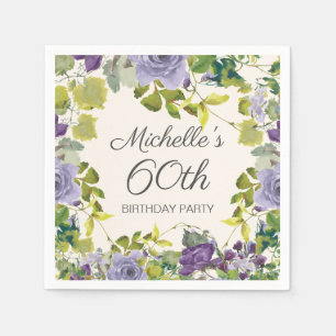 Purple Floral Green Leaves Editable 60th Birthday Napkin