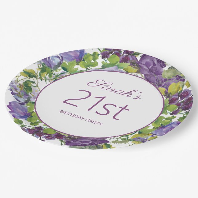 Purple Floral Green Leaves Vines 21st Birthday Paper Plate (Angled)