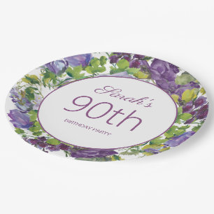 Purple Floral Green Leaves Vines 90th Birthday Paper Plate