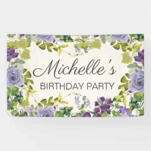 Purple Floral Green Leaves Women's Birthday Banner