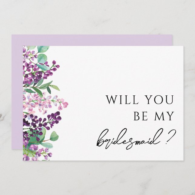 Purple Floral Greenery Bridesmaid Proposal Card (Front/Back)