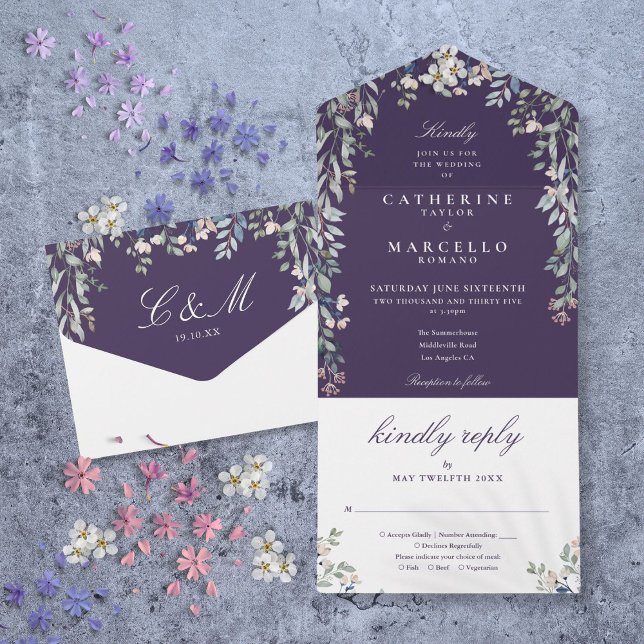 Purple Floral Greenery Cascade Wedding All In  All In One Invitation (Purple Floral Greenery Cascade Wedding All In All In One Invitation)