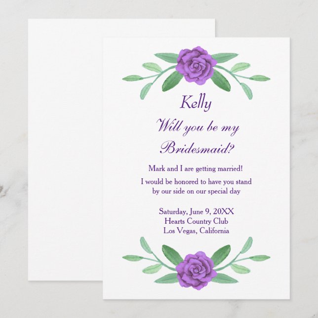 Purple Floral Greenery Foliage Bridesmaid Card (Front/Back)