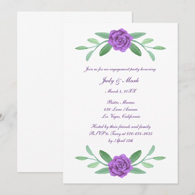 Purple Floral Greenery Foliage Engagement Party Invitation (Front/Back)