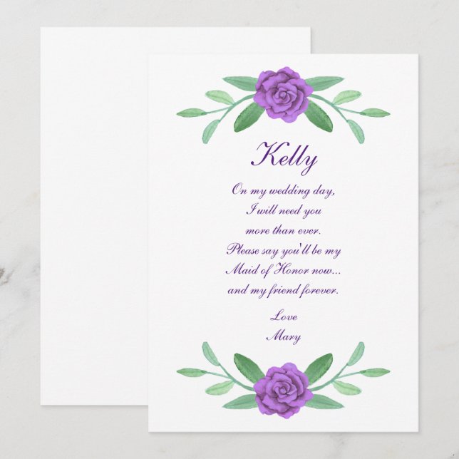 Purple Floral Greenery Foliage Maid Of Honour Card (Front/Back)