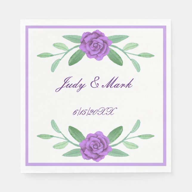 Purple Floral Greenery Foliage Paper Napkins (Front)