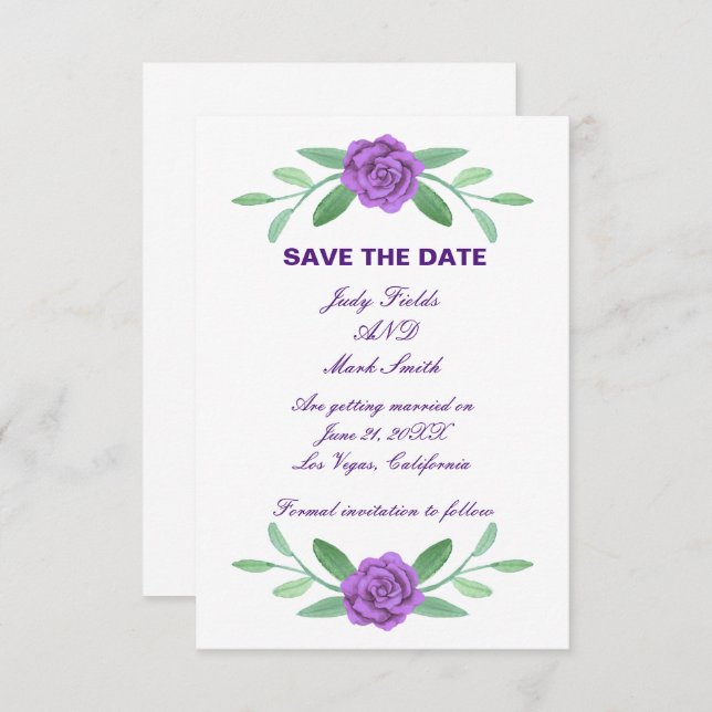 Purple Floral Greenery Foliage Save The Date Card (Front/Back)