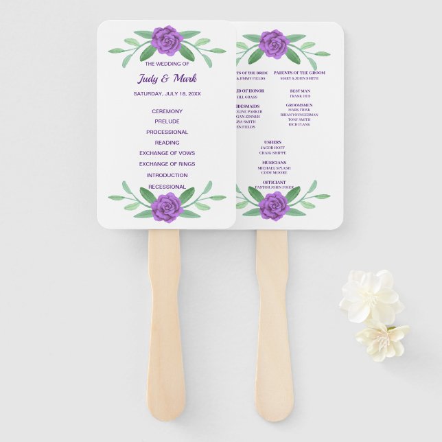 Purple Floral Greenery Foliage Wedding Program Hand Fan (Front and Back)