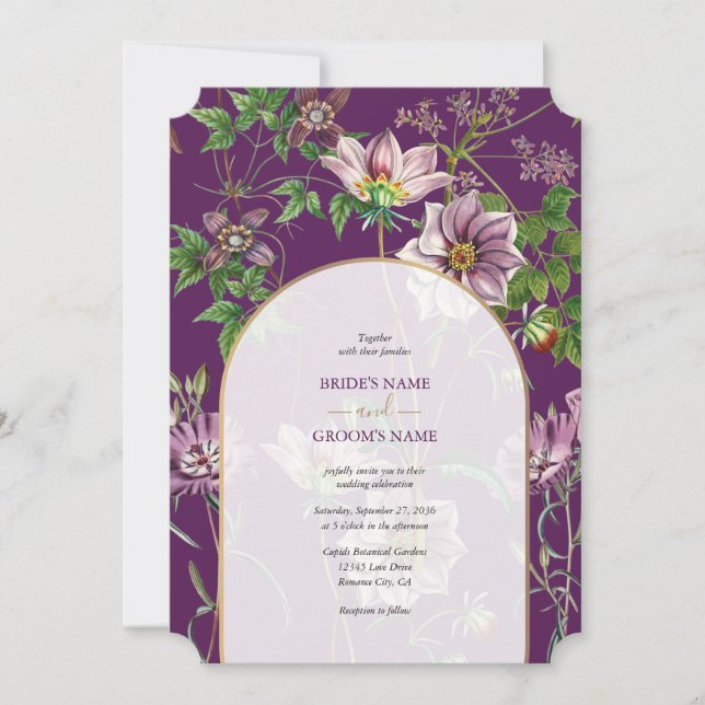 Purple Floral Greenery Gold Arch Wedding Invitation (Front)
