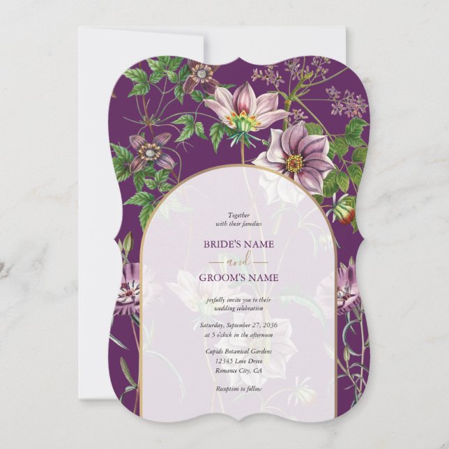 Purple Floral Greenery Gold Arch Wedding Invitation (Front)