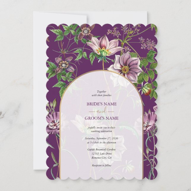 Purple Floral Greenery Gold Arch Wedding  Invitation (Front)