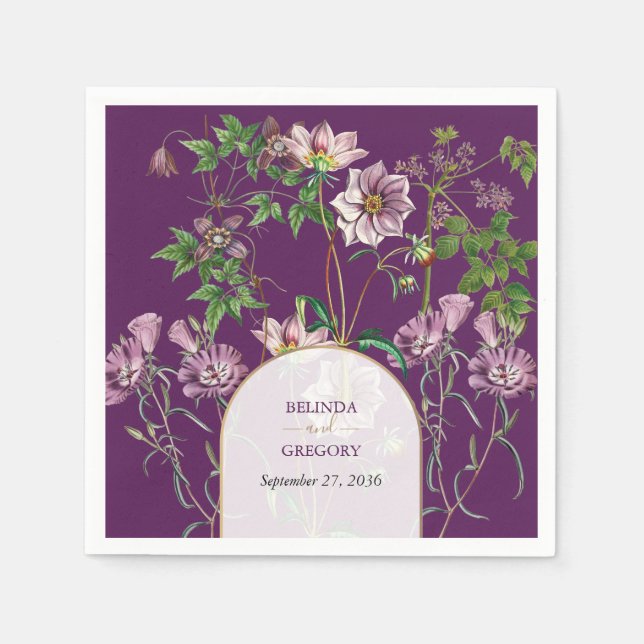 Purple Floral Greenery Gold Arch Wedding Napkin (Front)