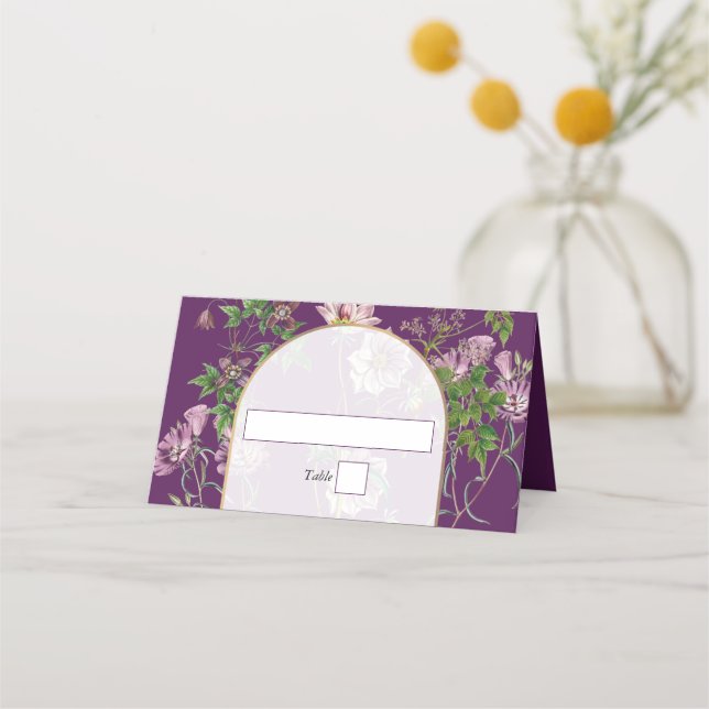 Purple Floral Greenery Gold Arch Wedding  Place Card (Front)