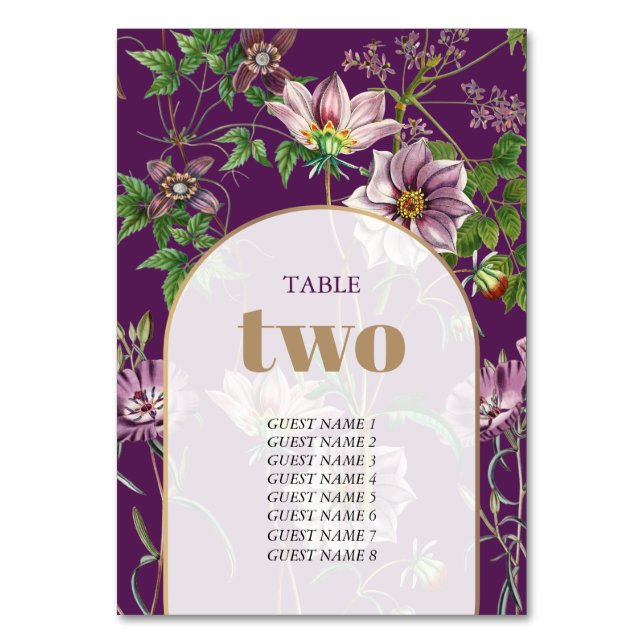 Purple Floral Greenery Gold Arch Wedding  Table Number (Front)
