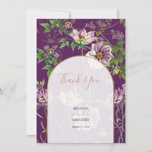 Purple Floral Greenery Gold Arch Wedding Thank You Card (Front)
