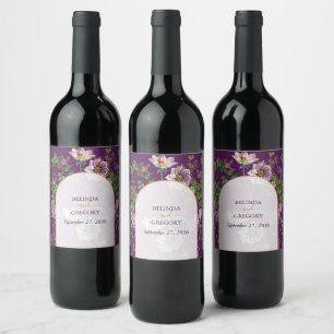 Purple Floral Greenery Gold Arch Wedding Wine Label