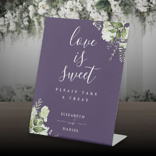 Purple Floral Greenery Love Is Sweet Favor Pedestal Sign