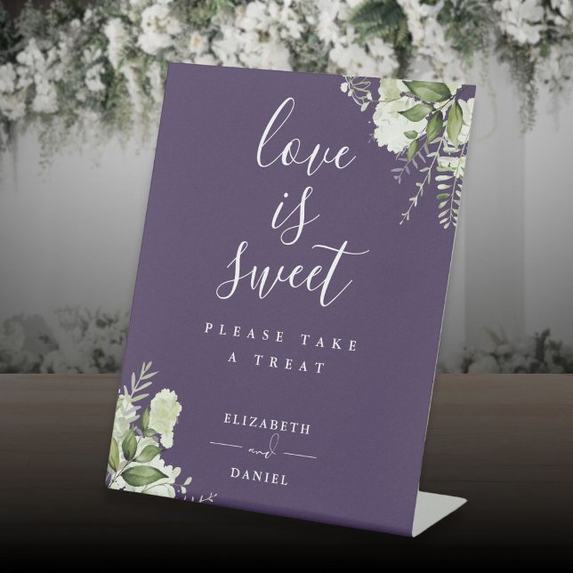 Purple Floral Greenery Love Is Sweet Favor Pedestal Sign (Purple Floral Greenery Love Is Sweet Favor Pedestal Sign)
