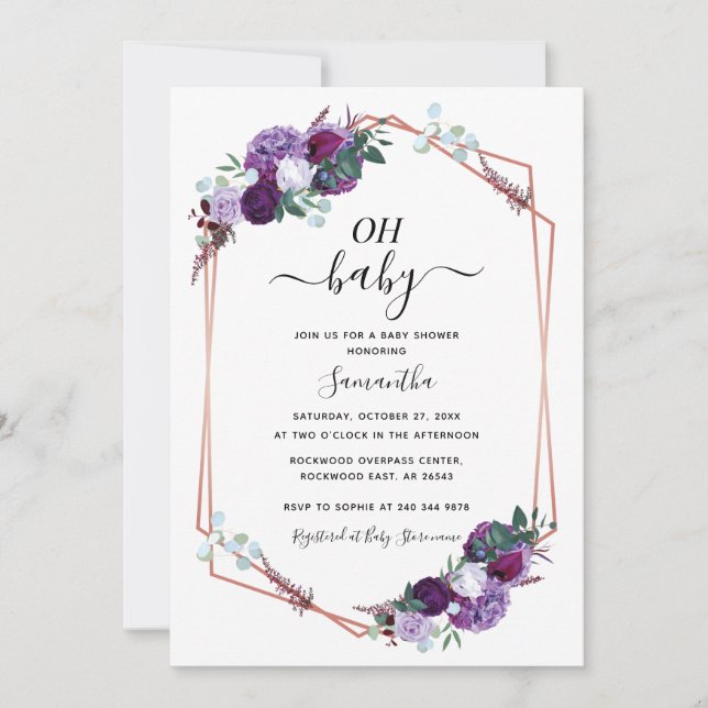 Purple Floral Greenery Script Baby Shower Invitation (Front)