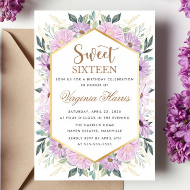 Purple Floral Greenery Sweet Sixteen 16 Birthday Invitation (Creator Uploaded)