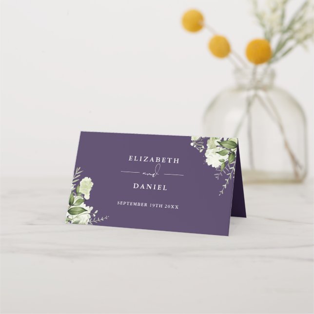Purple Floral Greenery Wedding Folded Place Card (Back)