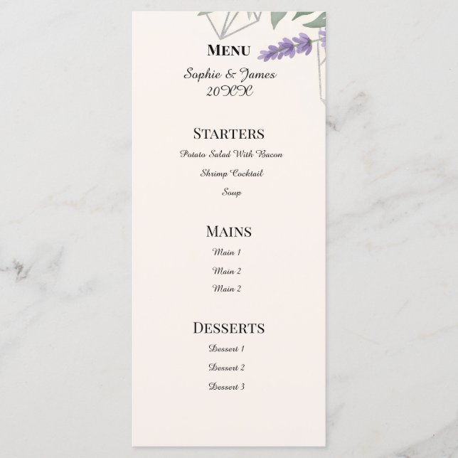 Purple Floral Greenery Wedding Menu (Front)