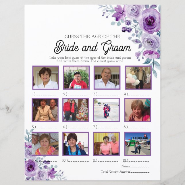 Purple Floral Guess the Age of the Bride and Groom (Front)