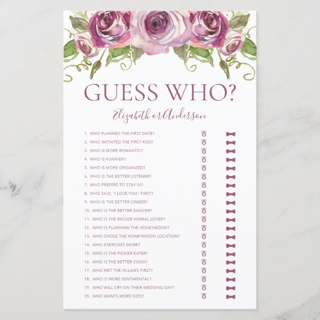 Purple Floral Guess Who Bridal Shower Game (Front)
