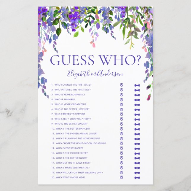 Purple Floral Guess Who Bridal Shower Game (Front)