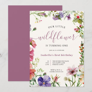 Purple Floral Gurl Little Wildflower 1st Birthday Invitation