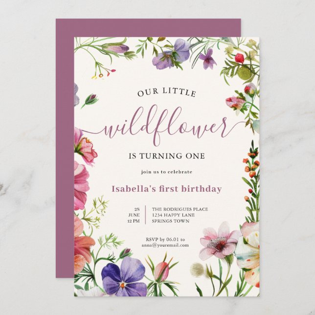 Purple Floral Gurl Little Wildflower 1st Birthday Invitation (Front/Back)