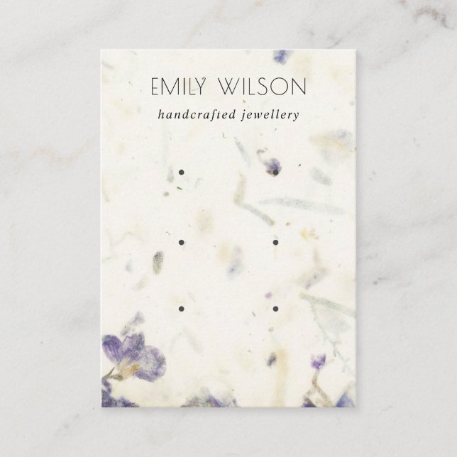 Purple Floral Handmade Paper Texture 3 Earring Business Card (Front)