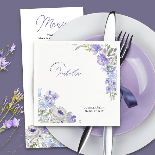 Purple Floral Happy Birthday Script Name Napkin (Personalized Birthday Party Napkins with pretty flowers in purple lilace and blue)