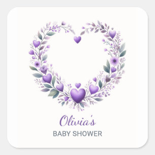 Purple Floral Heart Baby Shower Invitation Square Sticker